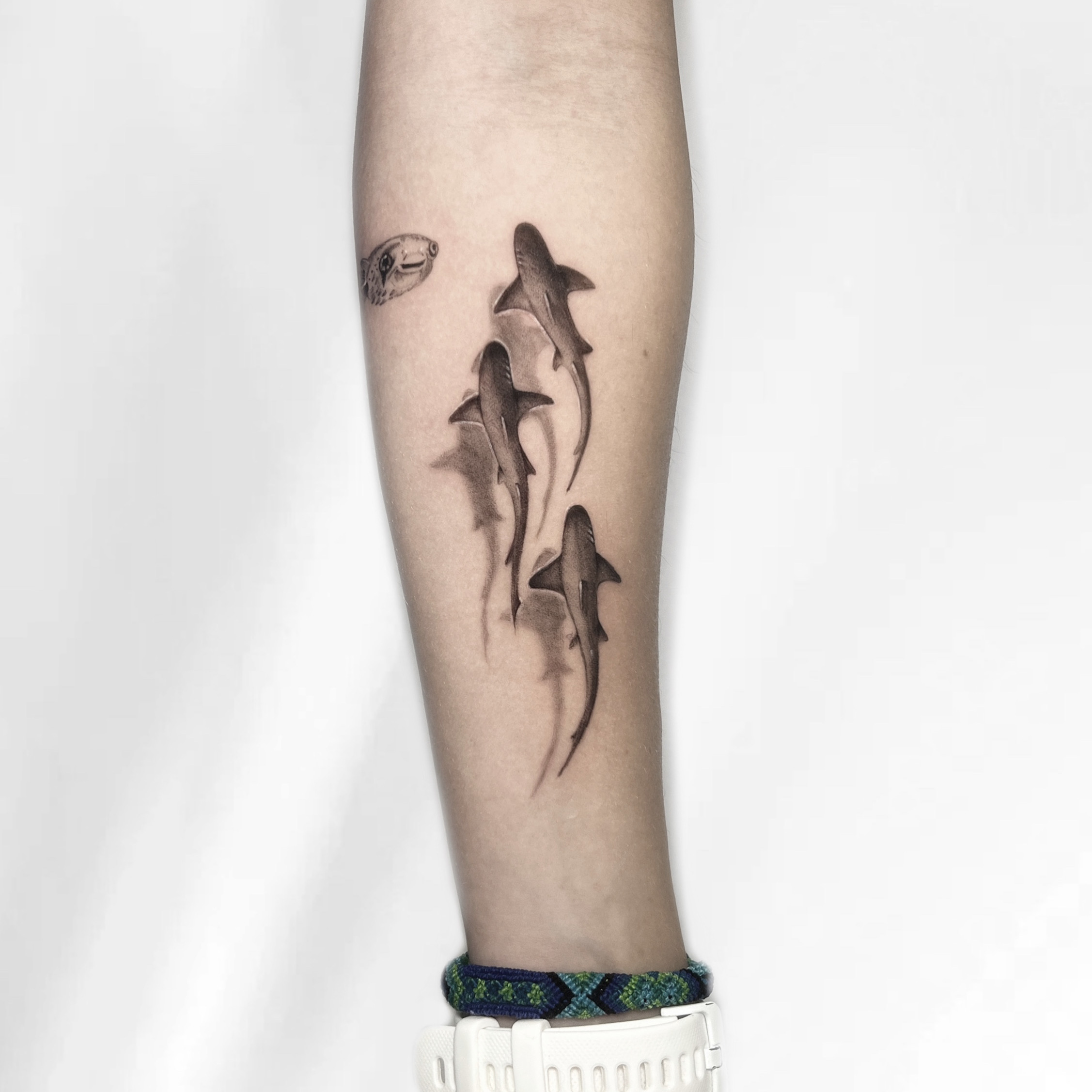 Cardumen de tiburones martillo en antebrazo – Captain Tattoo Cartagena